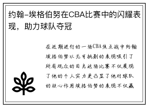 约翰-埃格伯努在CBA比赛中的闪耀表现，助力球队夺冠
